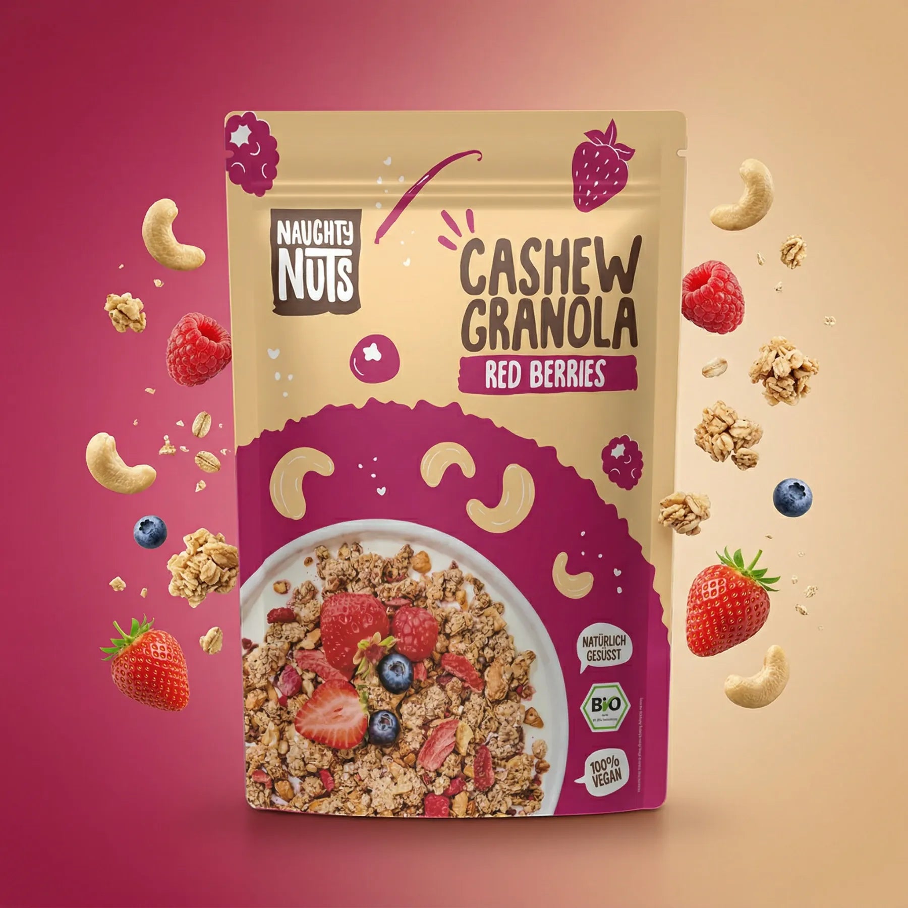 Naughty Nuts Cashew Granola Red Berries Paket mit Schale Müsli, Erdbeeren, Himbeeren, Blaubeeren