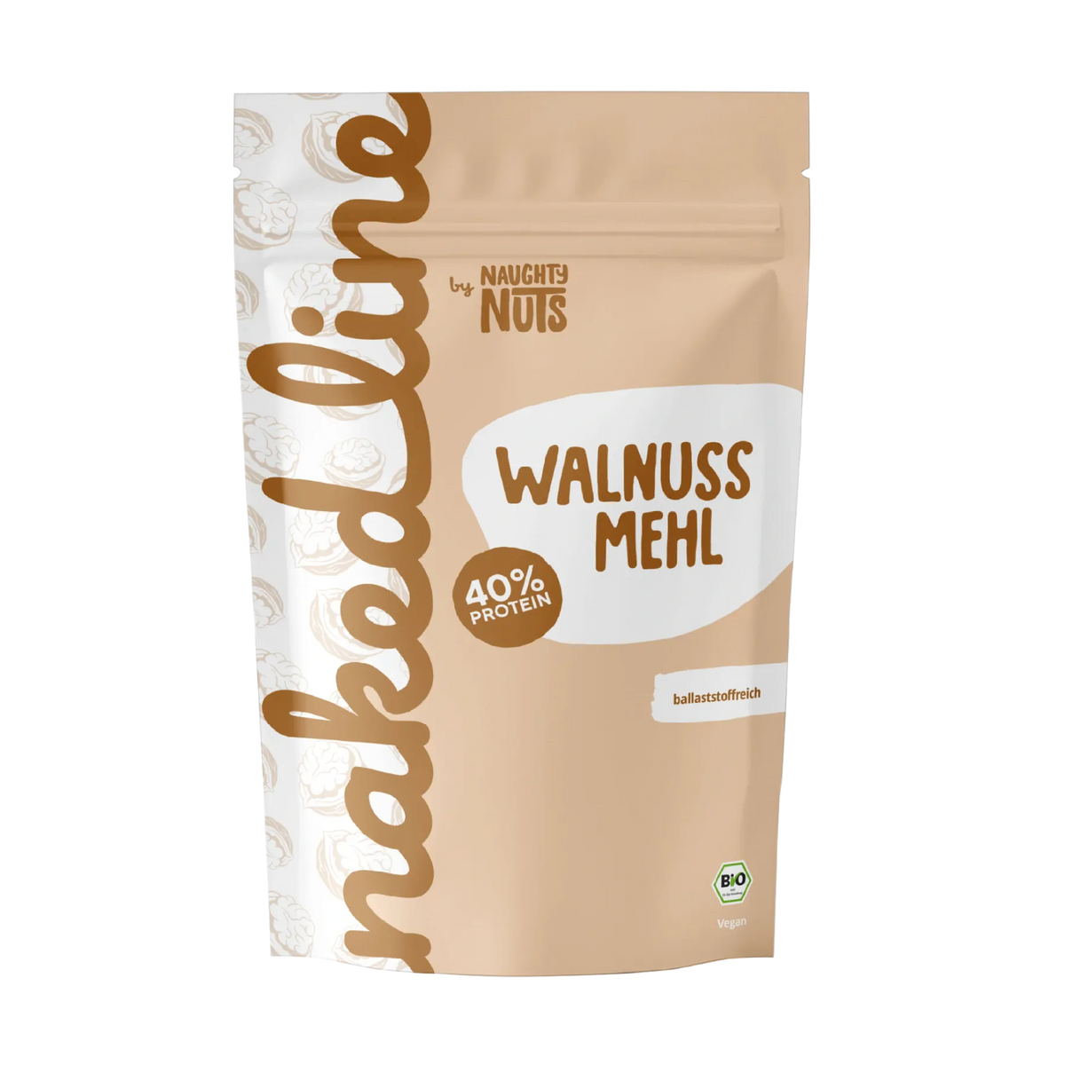 Beutel mit Walnuss Mehl von Naughty Nuts mit 40 Prozent Protein und Bio Siegel