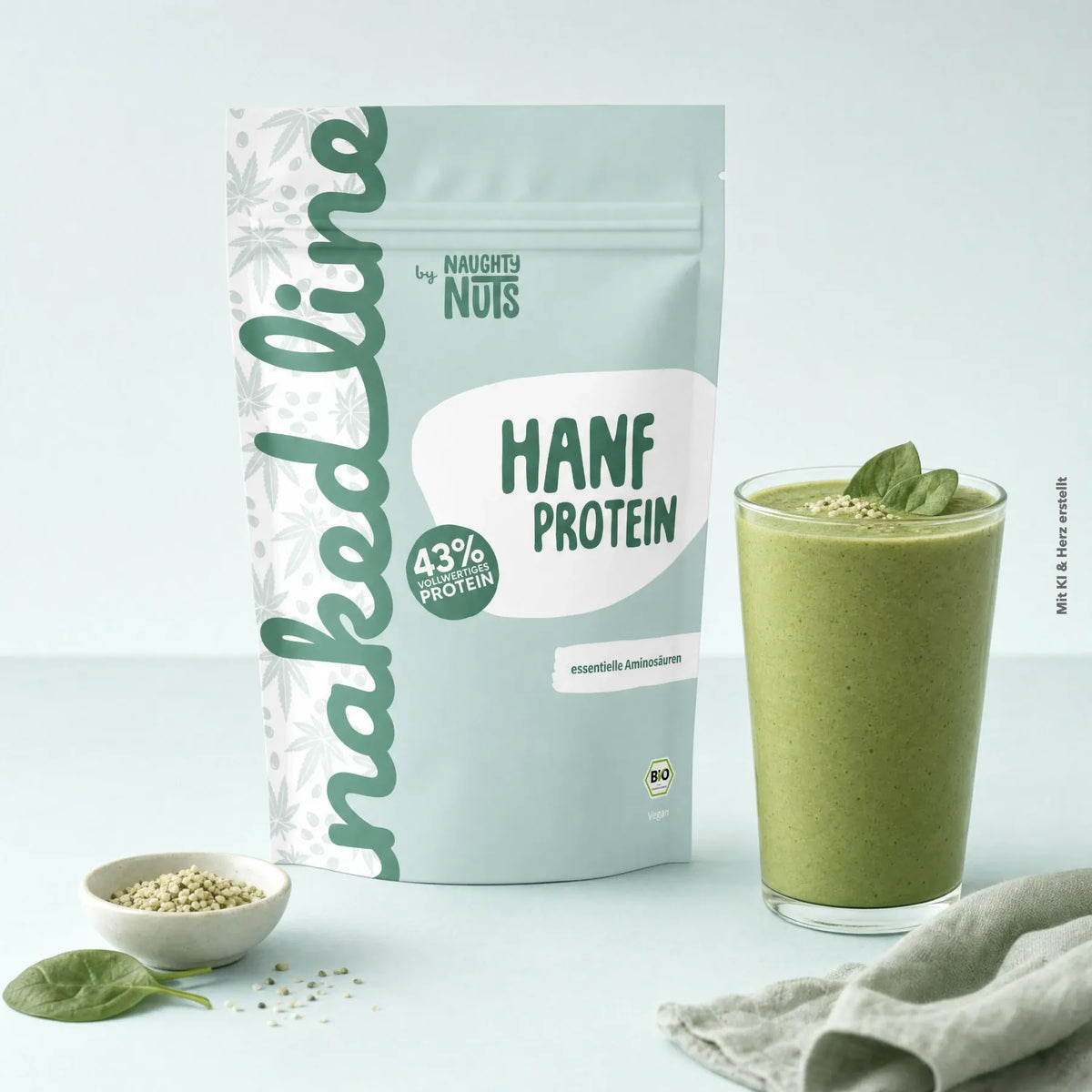 Naughty Nuts Hanf Protein Beutel neben einem Glas mit grünem Smoothie und einer kleinen Schale Hanfsamen