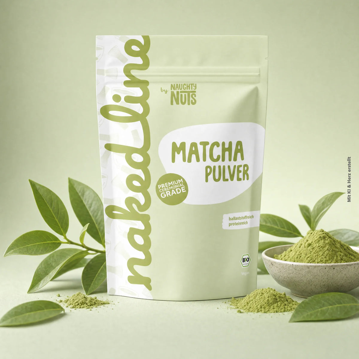 Verpackung von Matcha Pulver neben einer kleinen Schale mit grünem Teepulver und Teeblättern