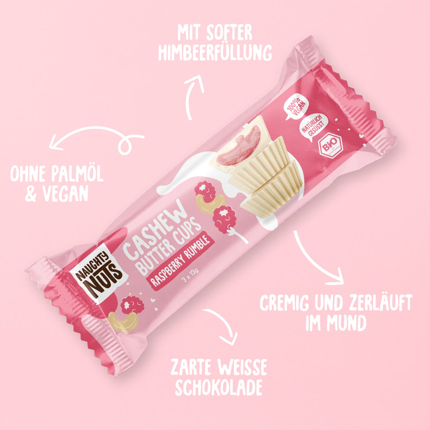 Bio Cashew Butter Cups Raspberry Rumble Packung mit Himbeerfüllung und weißer Schokolade