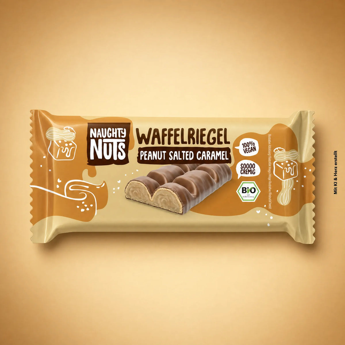 Naughty Nuts Bio Waffelriegel Peanut Salted Caramel in beiger Verpackung