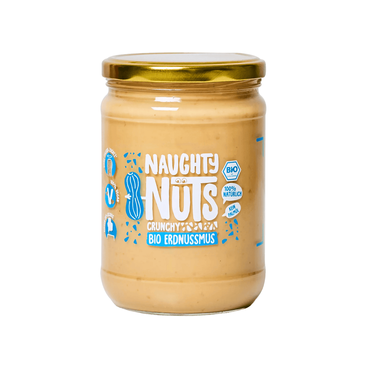 Bio Erdnussmus Crunchy im 500g Glas mit Naughty Nuts Logo