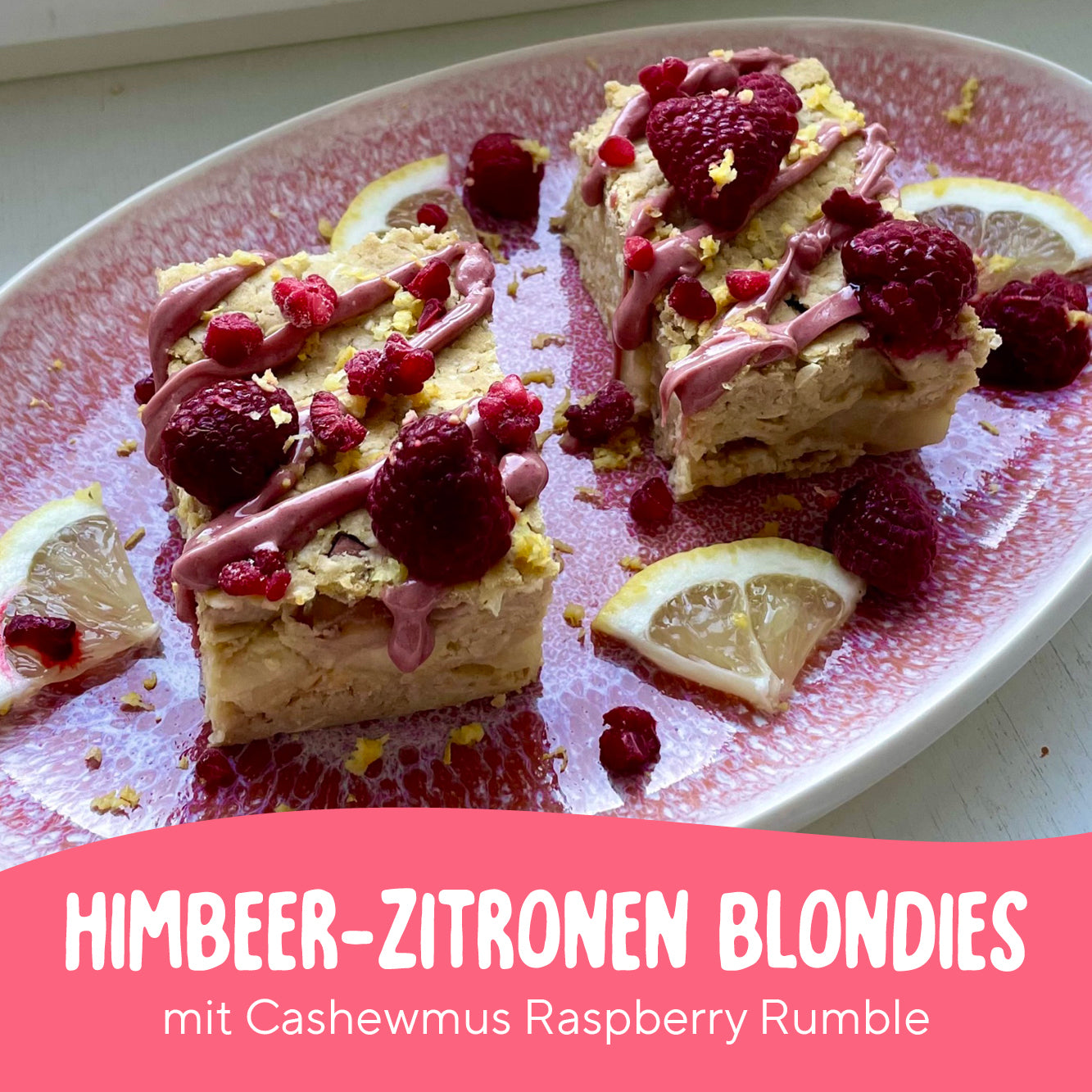 Himbeer-Zitronen Blondies mit Cashewmus Raspberry Rumble