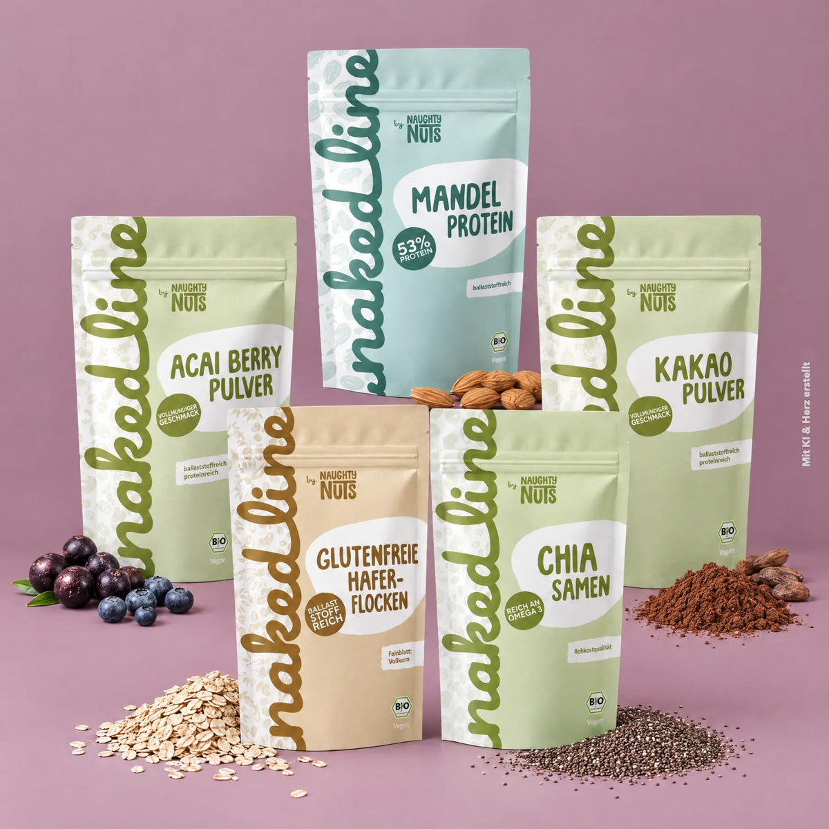 Breakfast Bowl Bundle der Naked Line mit Haferflocken, Chia, Acai, Kakao und Mandelprotein.