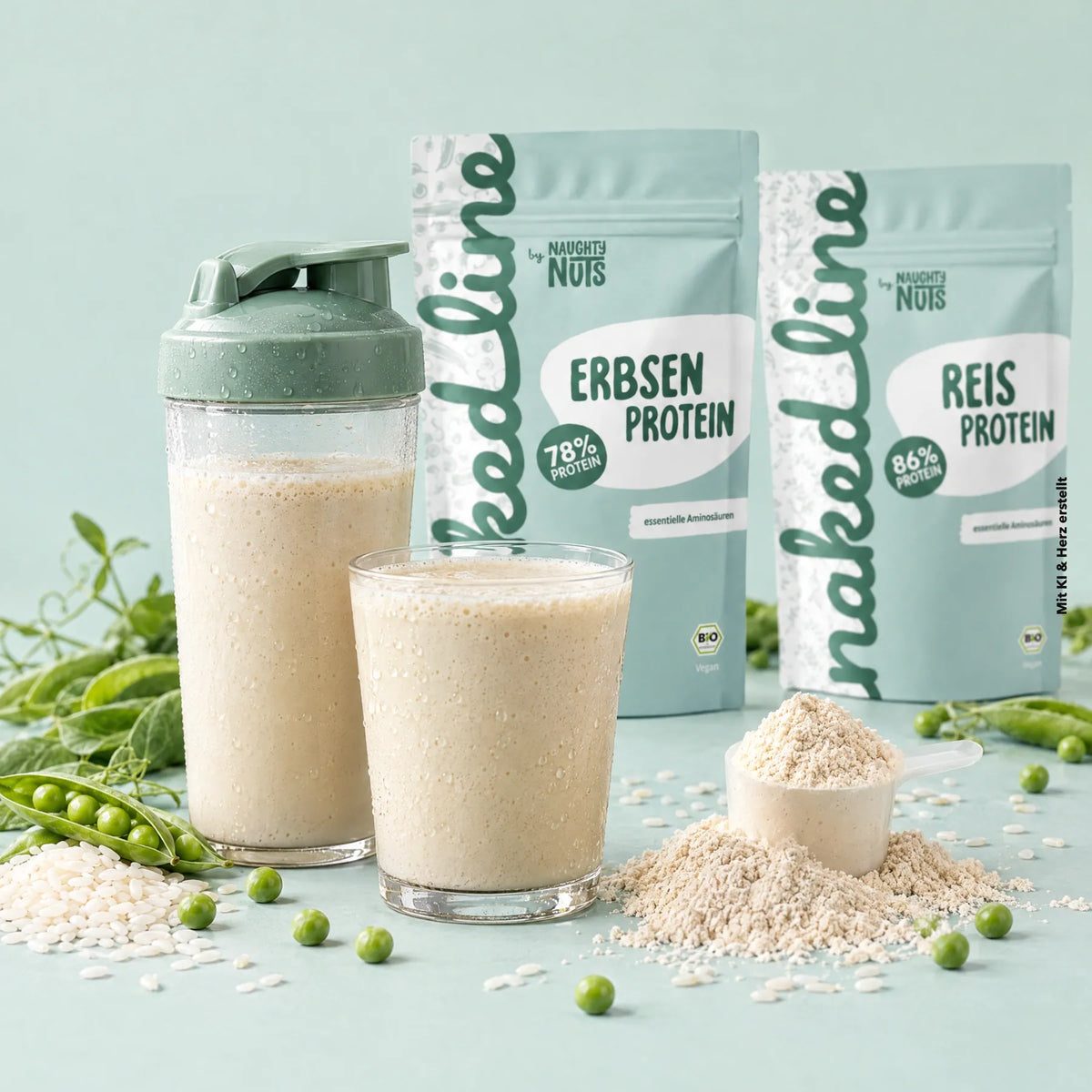 Protein-Shake mit Erbsenprotein und Reisprotein.