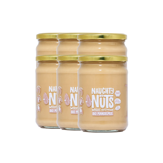 Sechs Gläser Bio Weißes Mandelmus von Naughty Nuts angeordnet in zwei Reihen