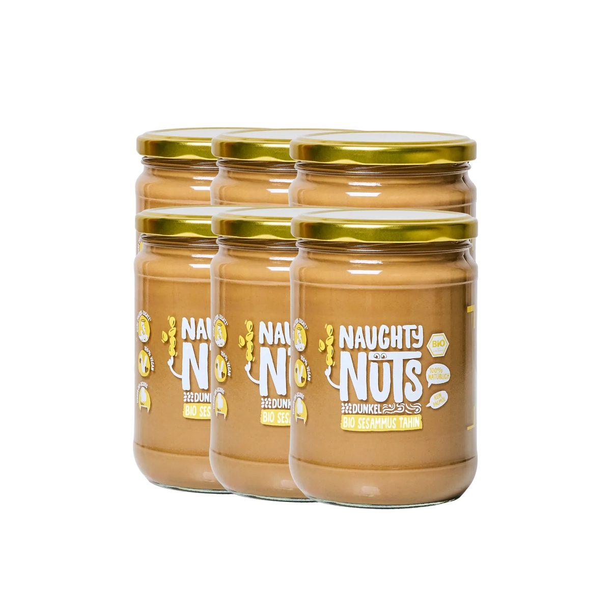 Sechs Gläser Bio Sesammus Tahin dunkel von Naughty Nuts