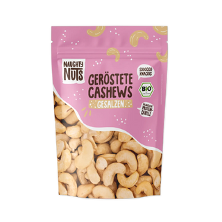 Geröstete Cashews gesalzen in rosa Verpackung mit Naughty Nuts Logo