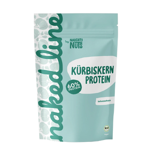 Hellblaue Standbodenbeutel Packung mit Kürbiskern Protein von Naughty Nuts