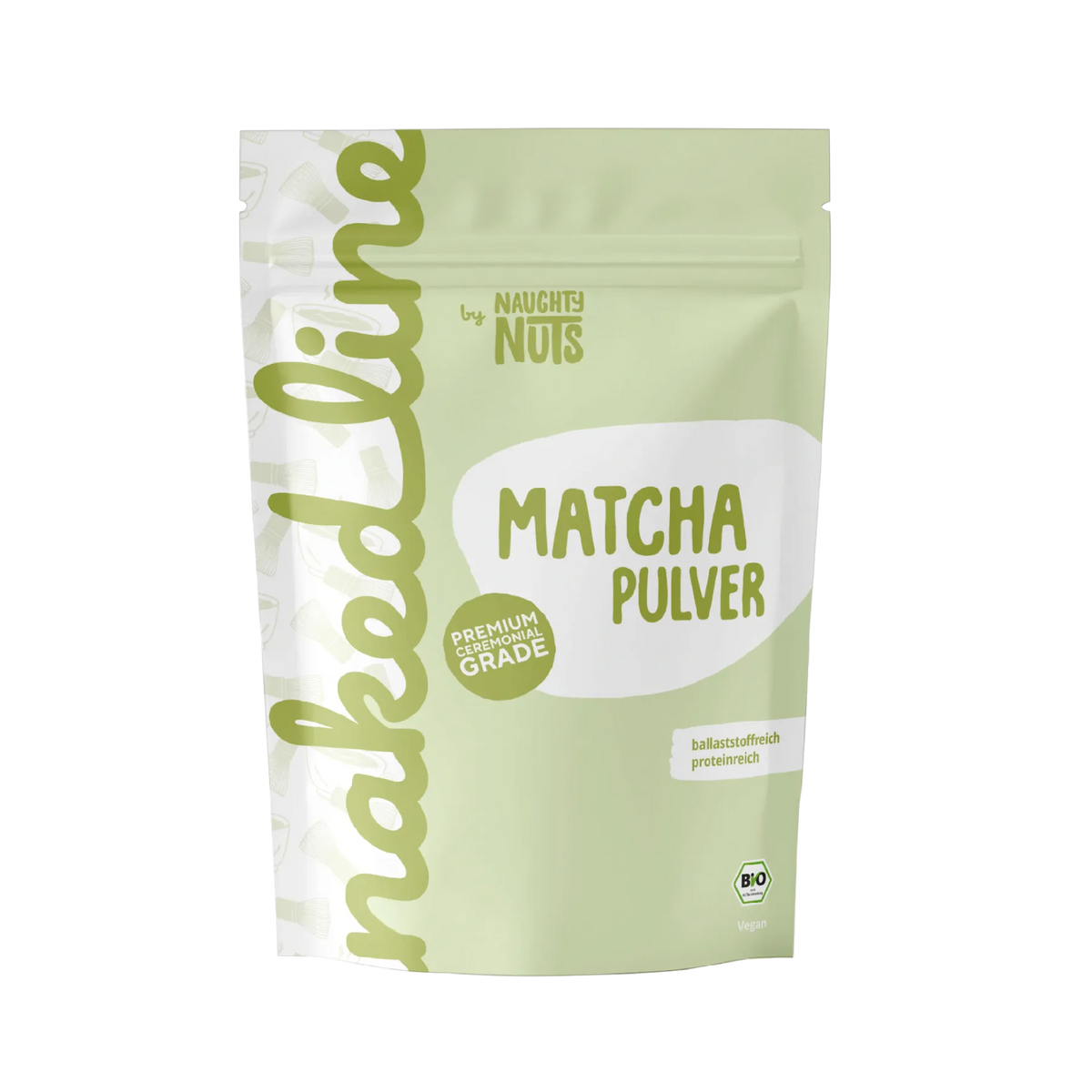 Naughty Nuts Matcha Pulver in einer hellgrünen Standbodenbeutel Verpackung