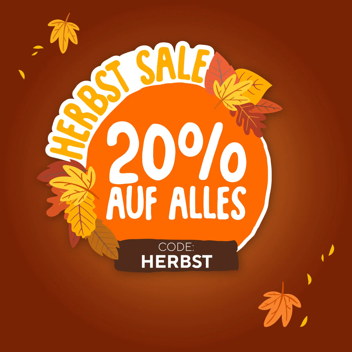 Herbst Sale Grafik mit 20 Prozent Rabatt auf alles und Rabattcode HERBST umgeben von herbstlichen Blättern
