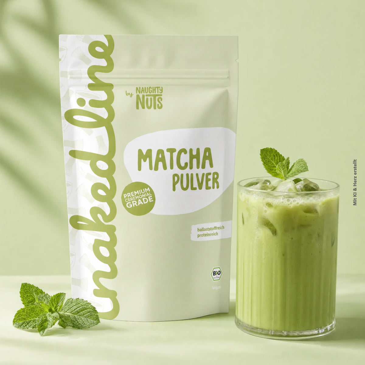 Verpackung von Matcha Pulver neben einem Glas mit Matcha Getränk und Minzblättern
