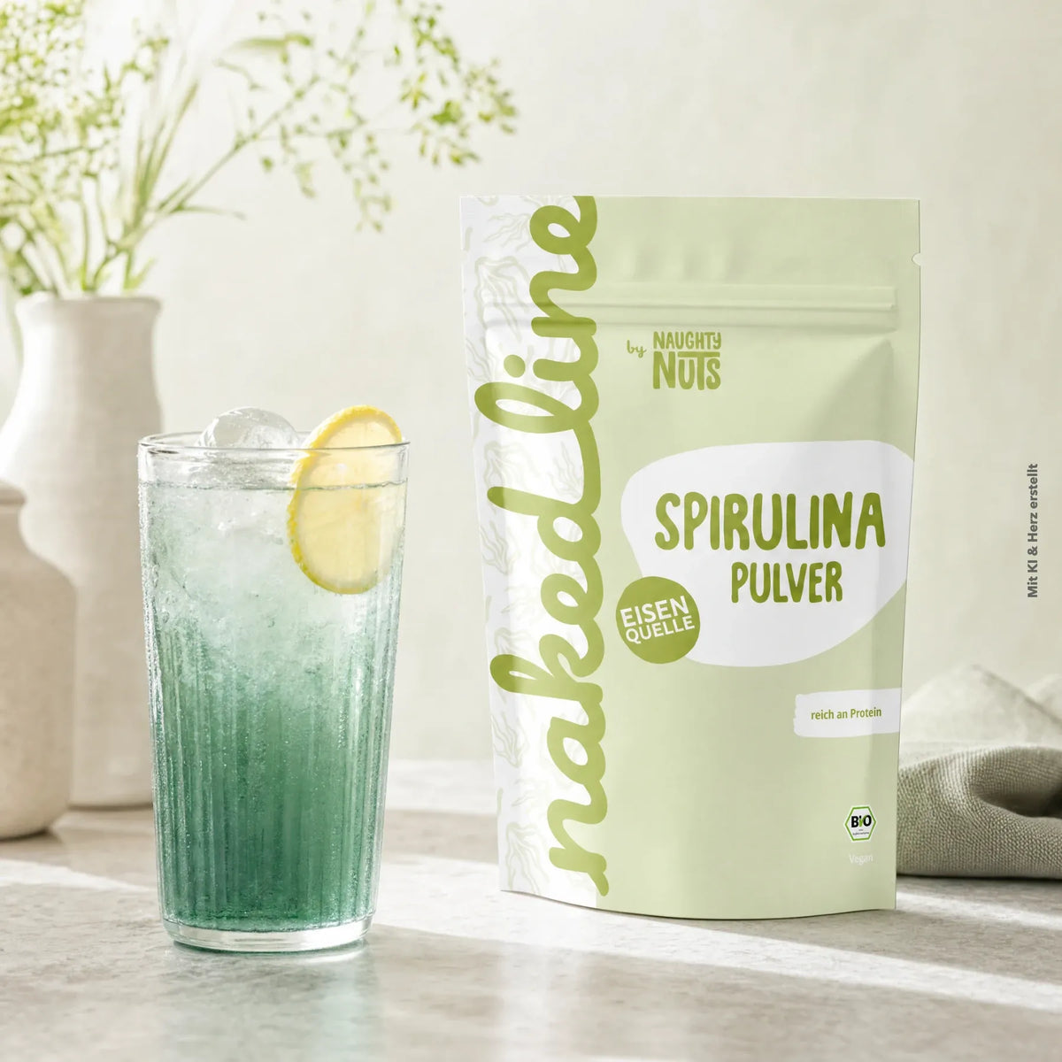 Spirulina Pulver Beutel neben einem Glas mit grünem Getränk und Zitronenscheibe