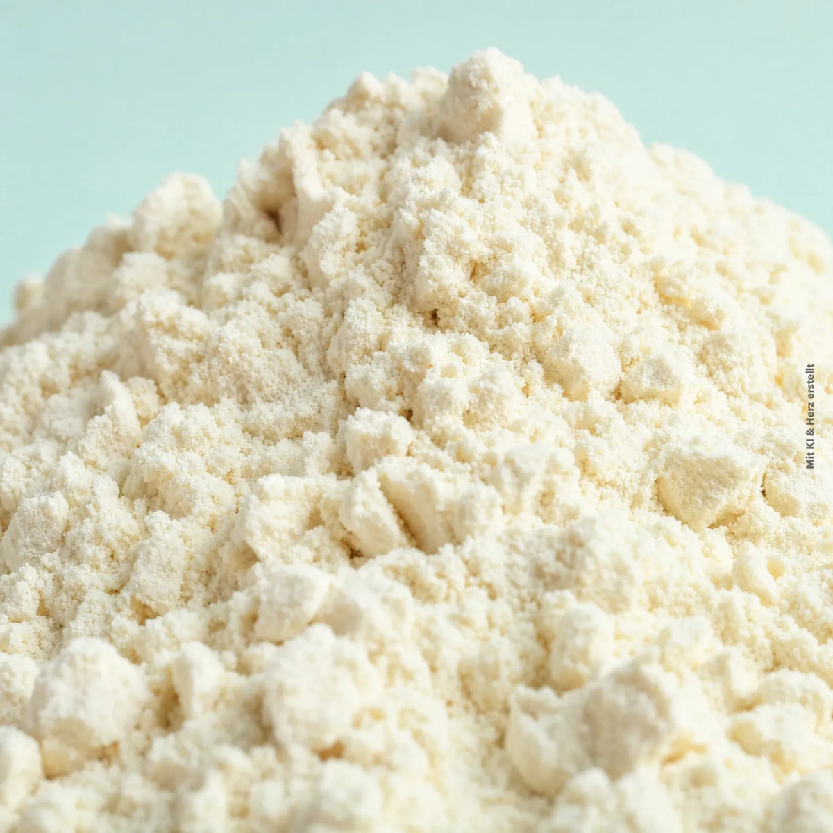 Ein Haufen feines weißes Reis Protein Pulver vor hellblauem Hintergrund