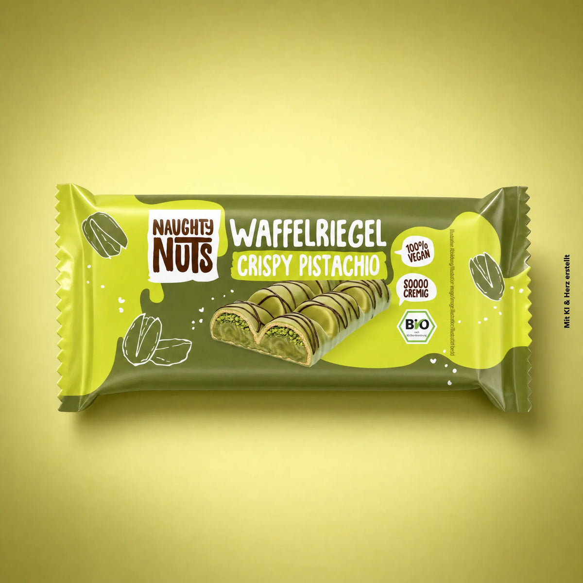 Verpackung Bio Waffelriegel Crispy Pistachio von Naughty Nuts auf gelbem Hintergrund