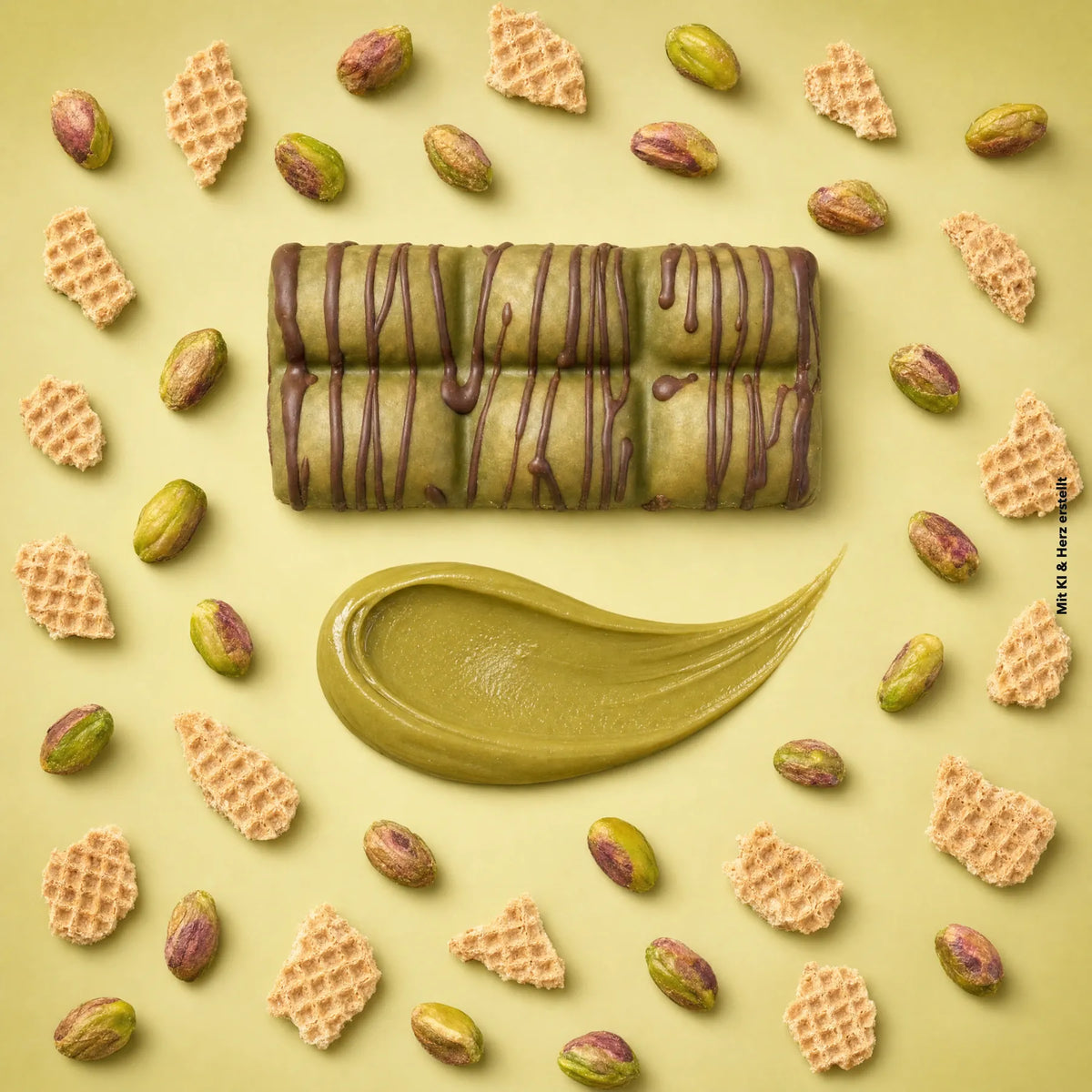 Bio Waffelriegel Crispy Pistachio umgeben von Pistazien und Waffelstücken auf grünem Hintergrund