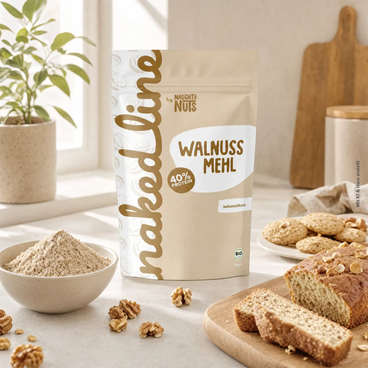 Beutel mit Walnuss Mehl neben einer Schale mit Mehl und gebackenem Brot auf einem Holztisch