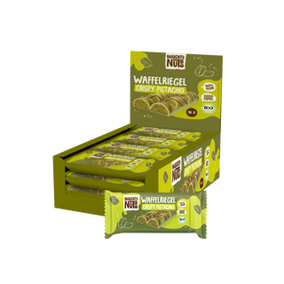 Verkaufsdisplay mit 16 Bio Waffelriegeln Crispy Pistachio von Naughty Nuts