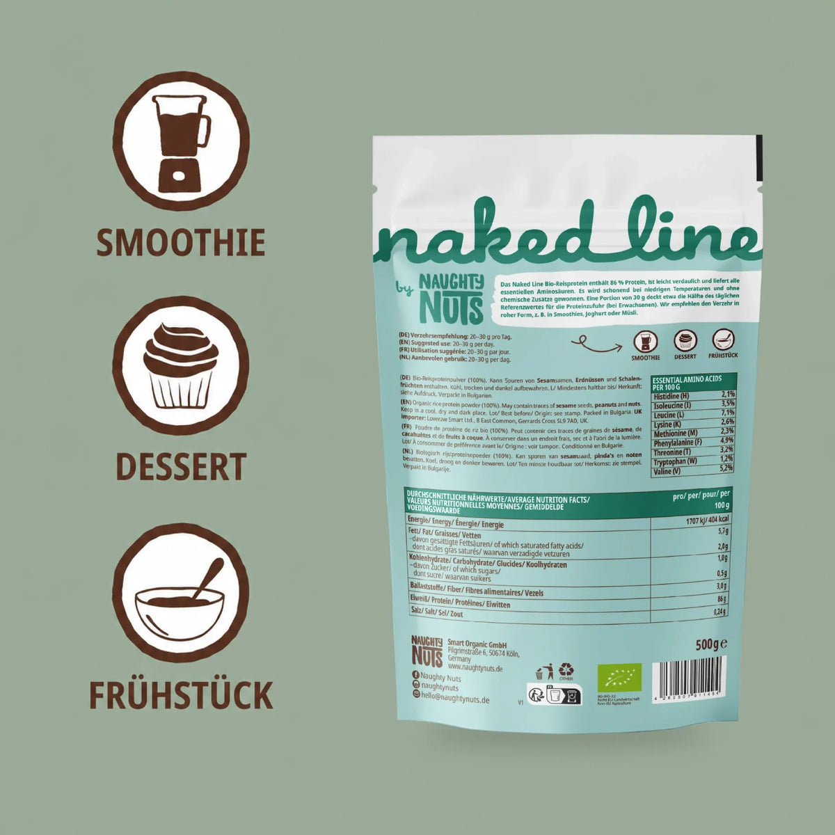 Rückseite der Reis Protein Verpackung mit Nährwerttabelle und Anwendungshinweisen