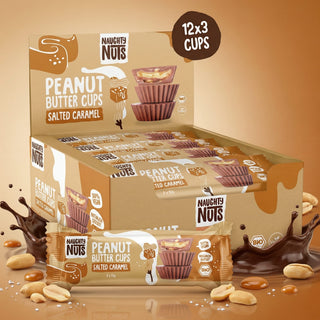 Bio Peanut Butter Cups Salted Caramel in einer Packung mit 12x3 Cups