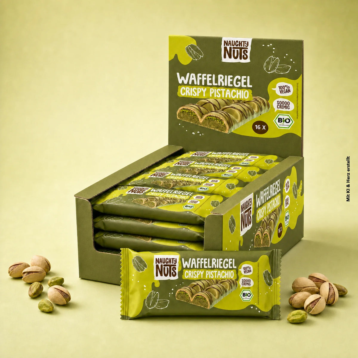 Verkaufsdisplay mit Bio Waffelriegel Crispy Pistachio von Naughty Nuts und einzelnen Pistazien